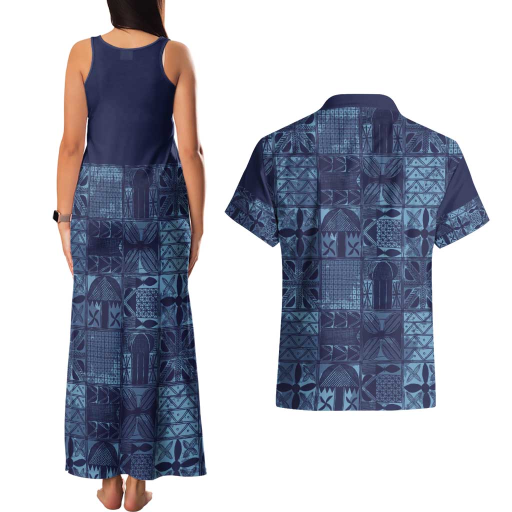 Yoruba Adire Eleko Patterns Couples Matching Tank Maxi Dress and Hawaiian Shirt Indigo Vintage