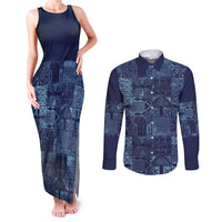 Yoruba Adire Eleko Patterns Couples Matching Tank Maxi Dress and Long Sleeve Button Shirt Indigo Vintage