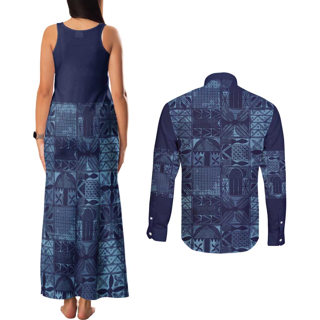 Yoruba Adire Eleko Patterns Couples Matching Tank Maxi Dress and Long Sleeve Button Shirt Indigo Vintage