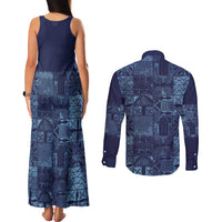 Yoruba Adire Eleko Patterns Couples Matching Tank Maxi Dress and Long Sleeve Button Shirt Indigo Vintage