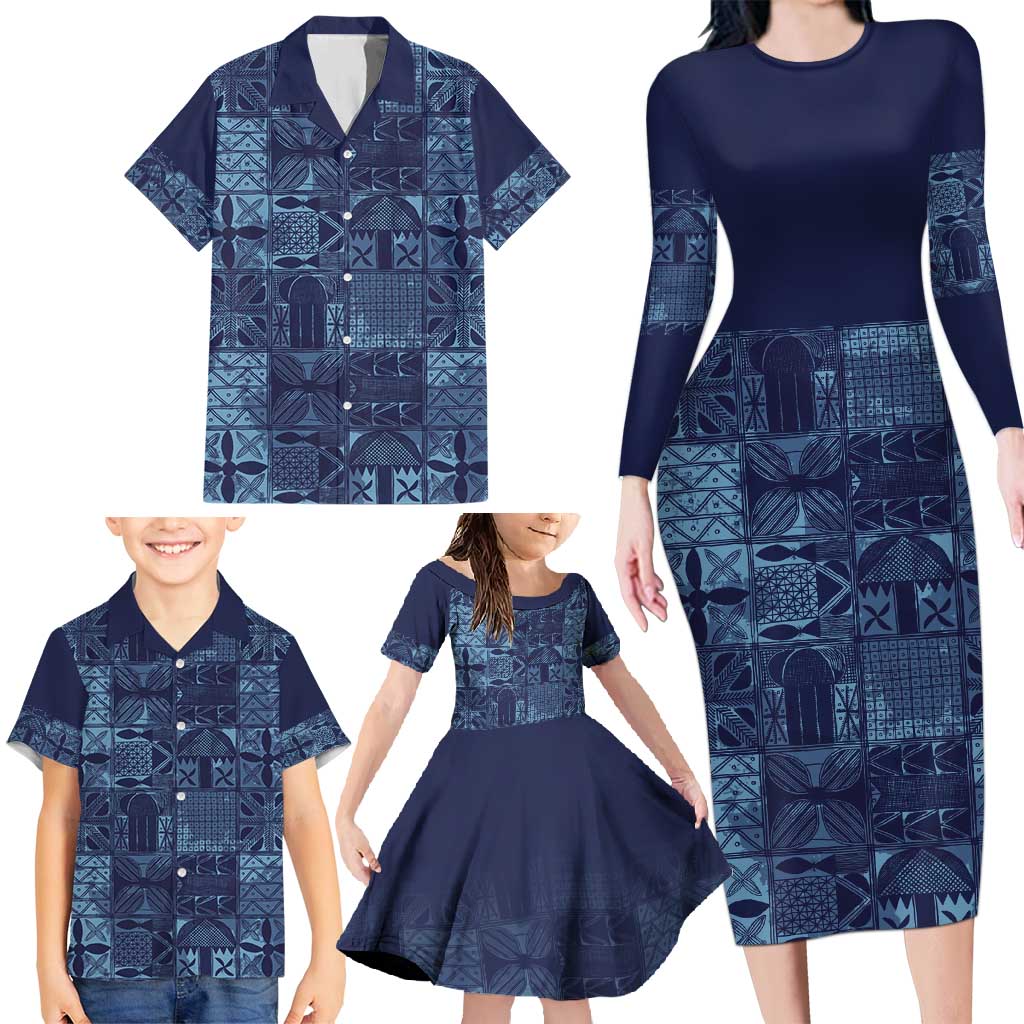 Yoruba Adire Eleko Patterns Family Matching Long Sleeve Bodycon Dress and Hawaiian Shirt Indigo Vintage