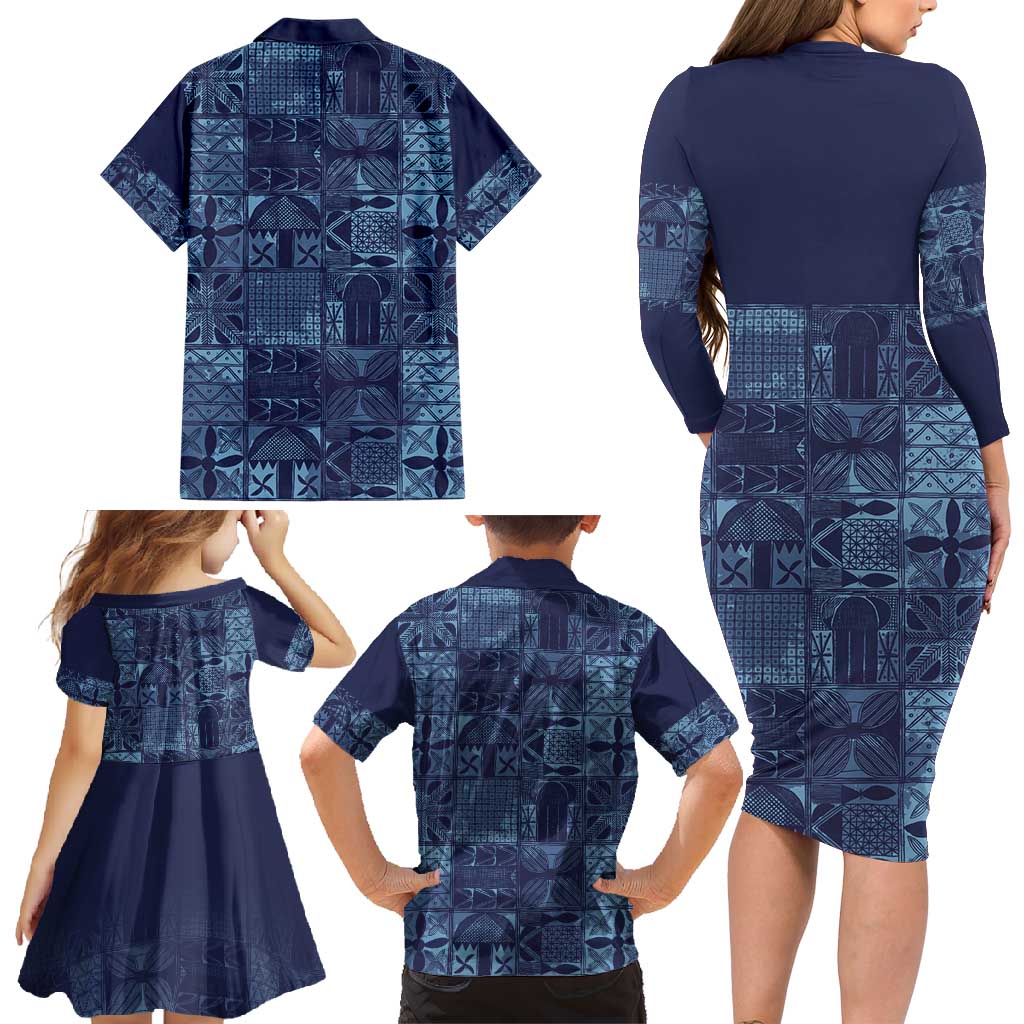 Yoruba Adire Eleko Patterns Family Matching Long Sleeve Bodycon Dress and Hawaiian Shirt Indigo Vintage