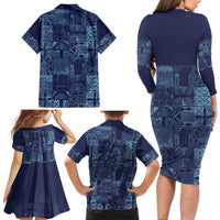 Yoruba Adire Eleko Patterns Family Matching Long Sleeve Bodycon Dress and Hawaiian Shirt Indigo Vintage