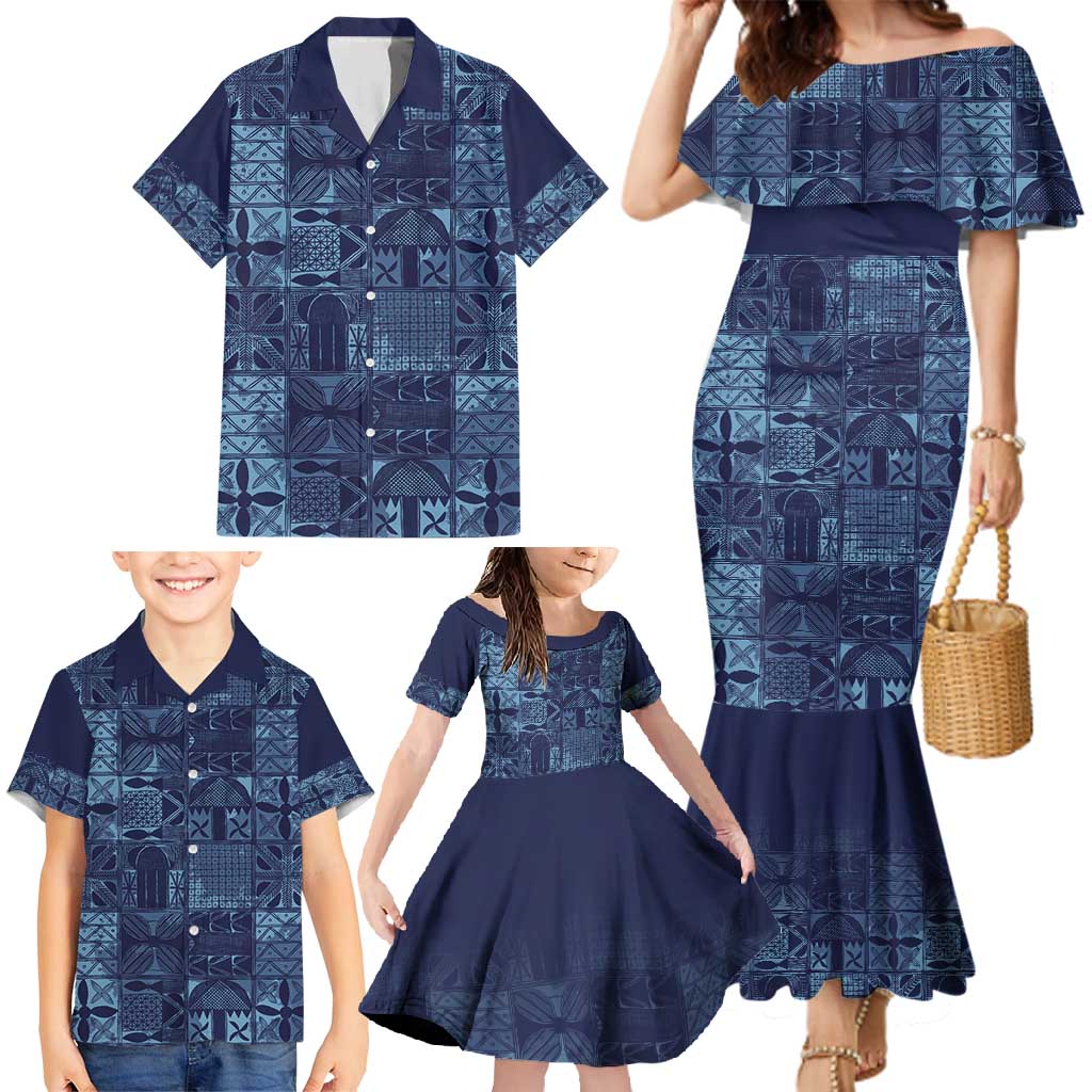 Yoruba Adire Eleko Patterns Family Matching Mermaid Dress and Hawaiian Shirt Indigo Vintage