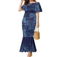 Yoruba Adire Eleko Patterns Family Matching Mermaid Dress and Hawaiian Shirt Indigo Vintage