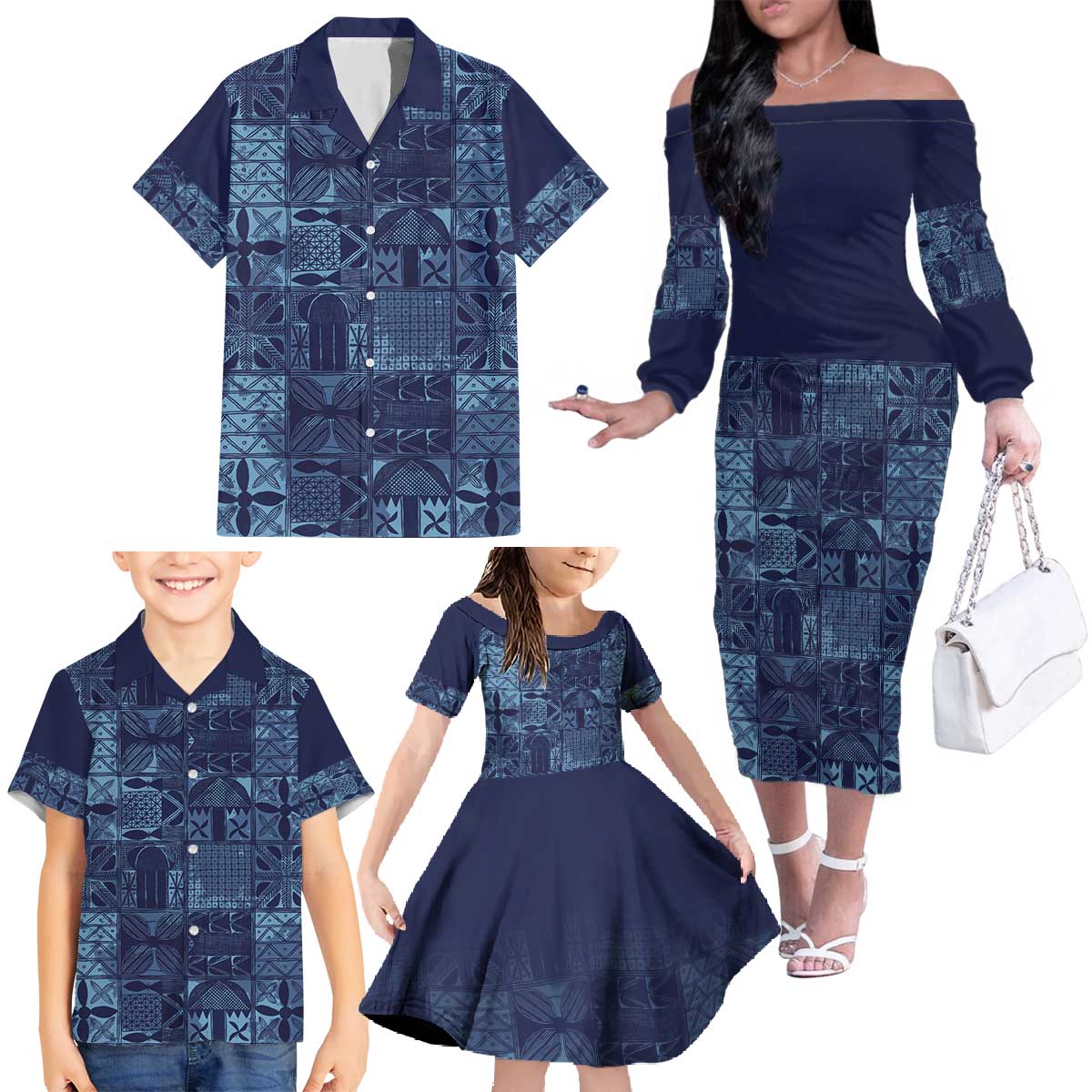 Yoruba Adire Eleko Patterns Family Matching Off The Shoulder Long Sleeve Dress and Hawaiian Shirt Indigo Vintage