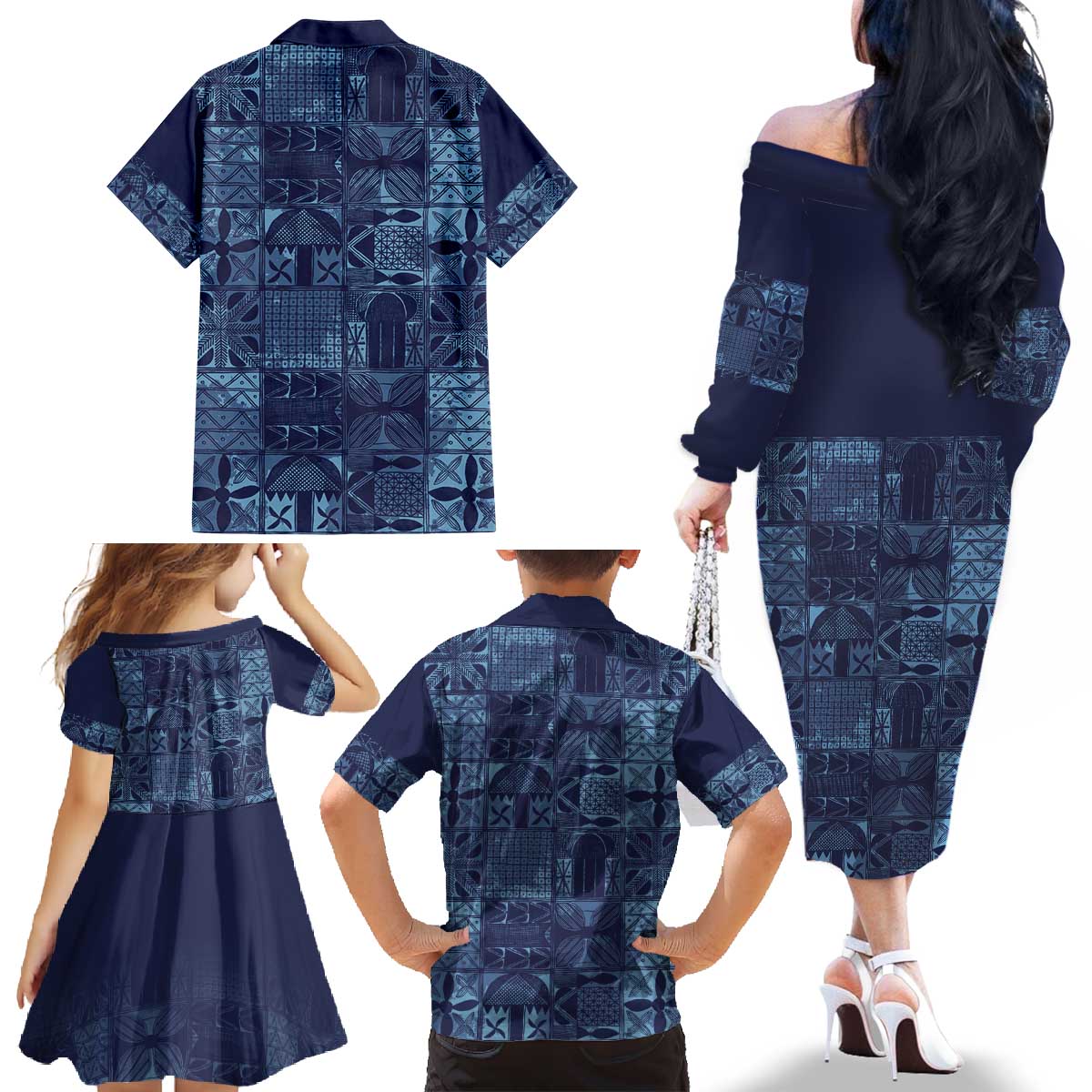 Yoruba Adire Eleko Patterns Family Matching Off The Shoulder Long Sleeve Dress and Hawaiian Shirt Indigo Vintage