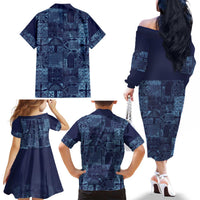 Yoruba Adire Eleko Patterns Family Matching Off The Shoulder Long Sleeve Dress and Hawaiian Shirt Indigo Vintage