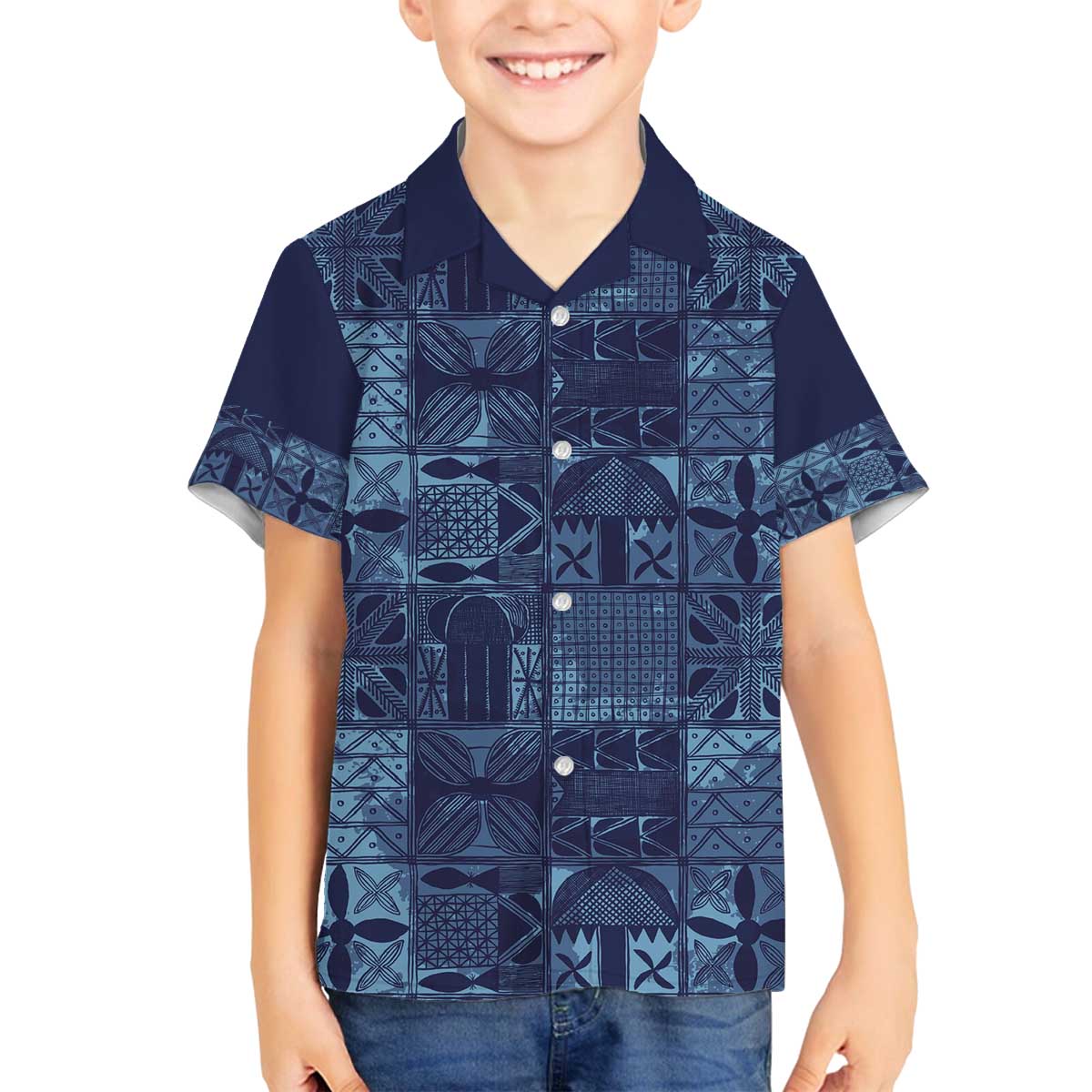 Yoruba Adire Eleko Patterns Family Matching Off The Shoulder Long Sleeve Dress and Hawaiian Shirt Indigo Vintage
