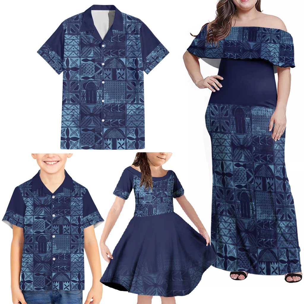 Yoruba Adire Eleko Patterns Family Matching Off Shoulder Maxi Dress and Hawaiian Shirt Indigo Vintage