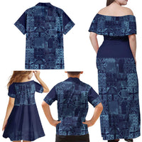 Yoruba Adire Eleko Patterns Family Matching Off Shoulder Maxi Dress and Hawaiian Shirt Indigo Vintage