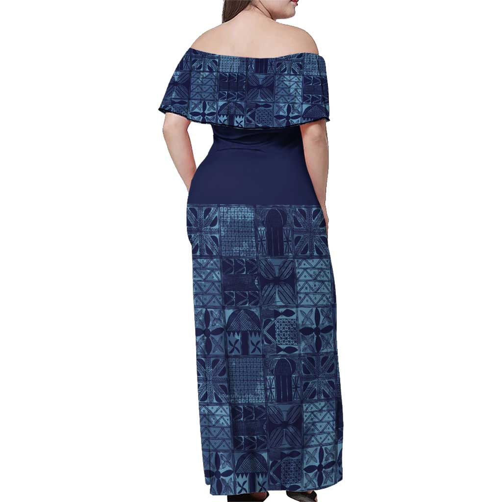 Yoruba Adire Eleko Patterns Family Matching Off Shoulder Maxi Dress and Hawaiian Shirt Indigo Vintage