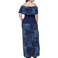 Yoruba Adire Eleko Patterns Family Matching Off Shoulder Maxi Dress and Hawaiian Shirt Indigo Vintage