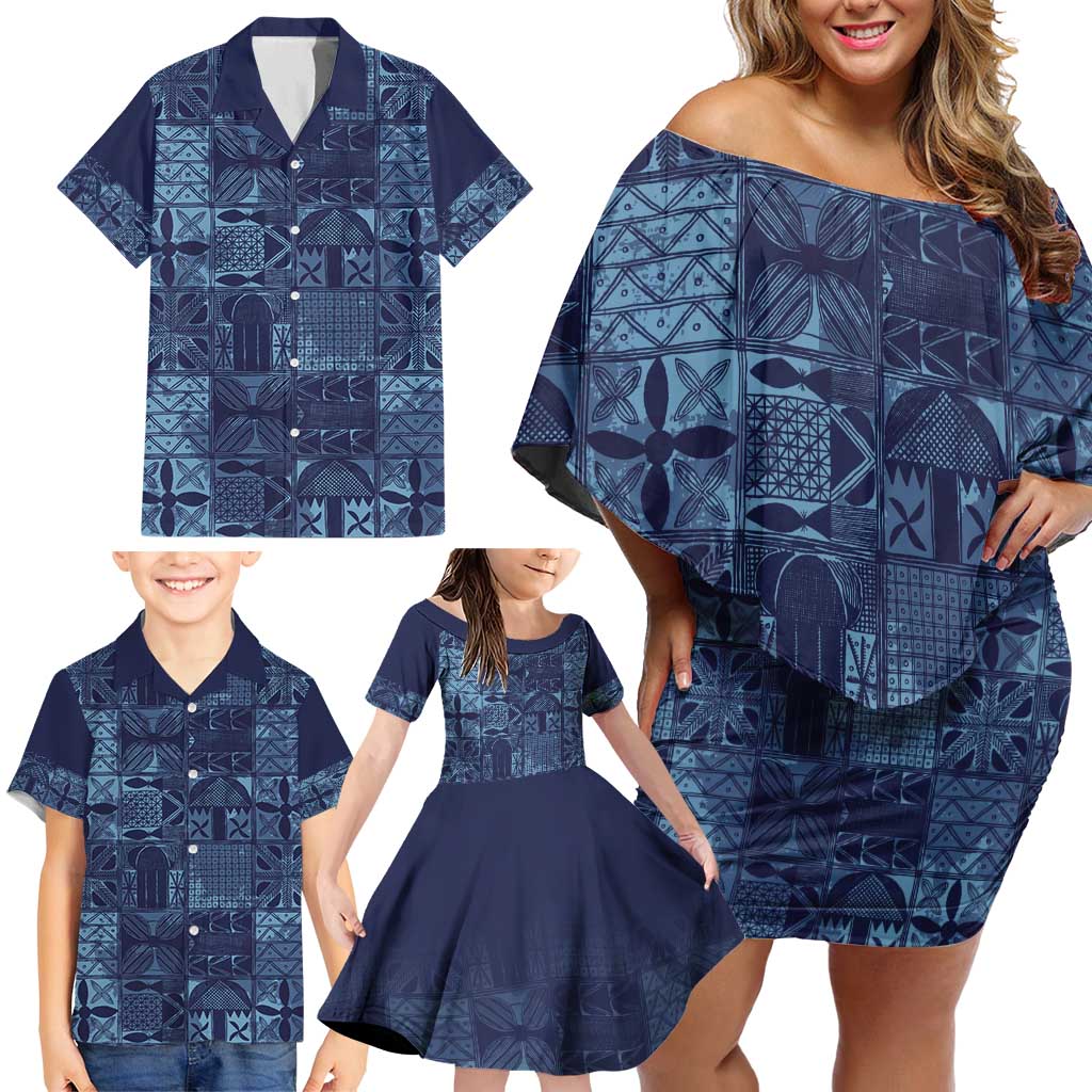 Yoruba Adire Eleko Patterns Family Matching Off Shoulder Short Dress and Hawaiian Shirt Indigo Vintage