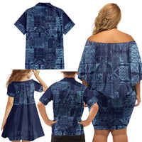 Yoruba Adire Eleko Patterns Family Matching Off Shoulder Short Dress and Hawaiian Shirt Indigo Vintage