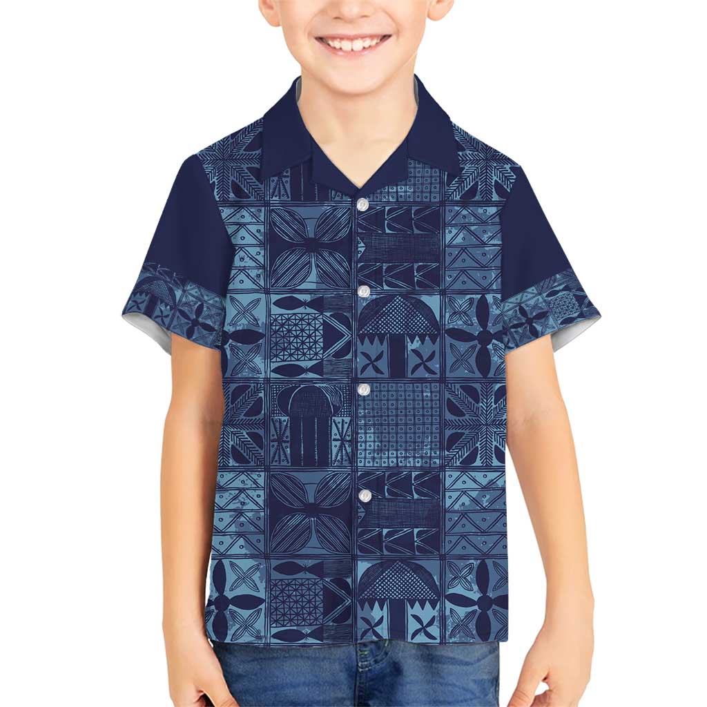 Yoruba Adire Eleko Patterns Family Matching Off Shoulder Short Dress and Hawaiian Shirt Indigo Vintage
