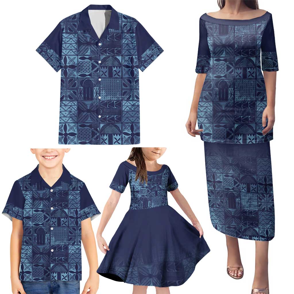 Yoruba Adire Eleko Patterns Family Matching Puletasi and Hawaiian Shirt Indigo Vintage
