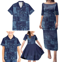 Yoruba Adire Eleko Patterns Family Matching Puletasi and Hawaiian Shirt Indigo Vintage