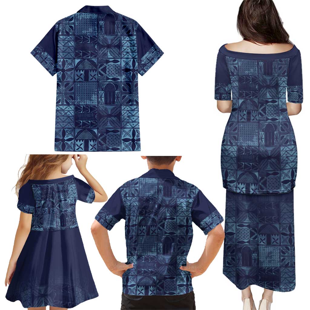 Yoruba Adire Eleko Patterns Family Matching Puletasi and Hawaiian Shirt Indigo Vintage