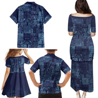 Yoruba Adire Eleko Patterns Family Matching Puletasi and Hawaiian Shirt Indigo Vintage
