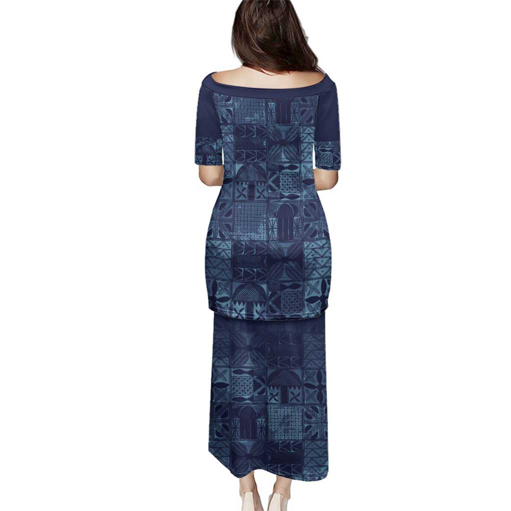 Yoruba Adire Eleko Patterns Family Matching Puletasi and Hawaiian Shirt Indigo Vintage