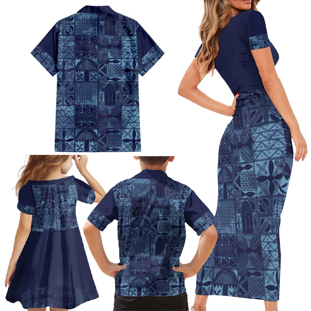 Yoruba Adire Eleko Patterns Family Matching Short Sleeve Bodycon Dress and Hawaiian Shirt Indigo Vintage