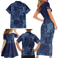 Yoruba Adire Eleko Patterns Family Matching Short Sleeve Bodycon Dress and Hawaiian Shirt Indigo Vintage