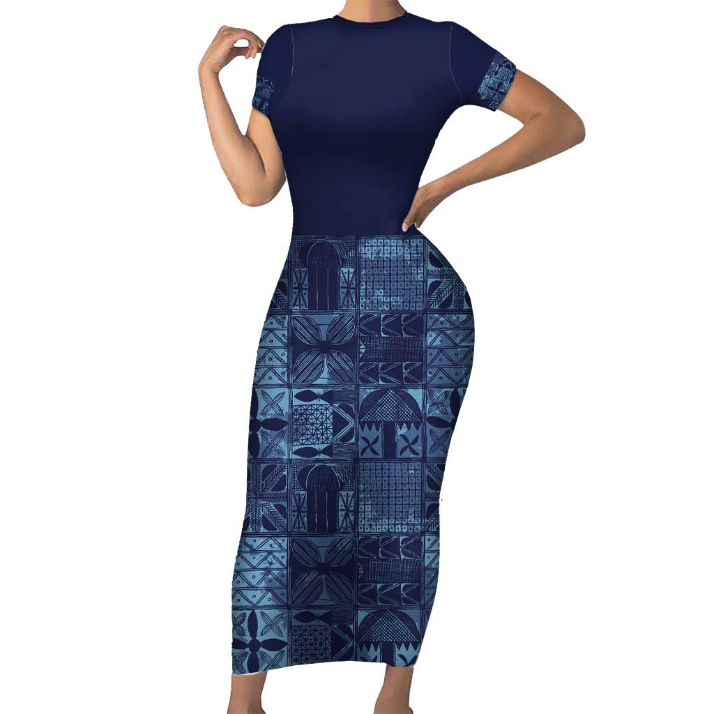Yoruba Adire Eleko Patterns Family Matching Short Sleeve Bodycon Dress and Hawaiian Shirt Indigo Vintage