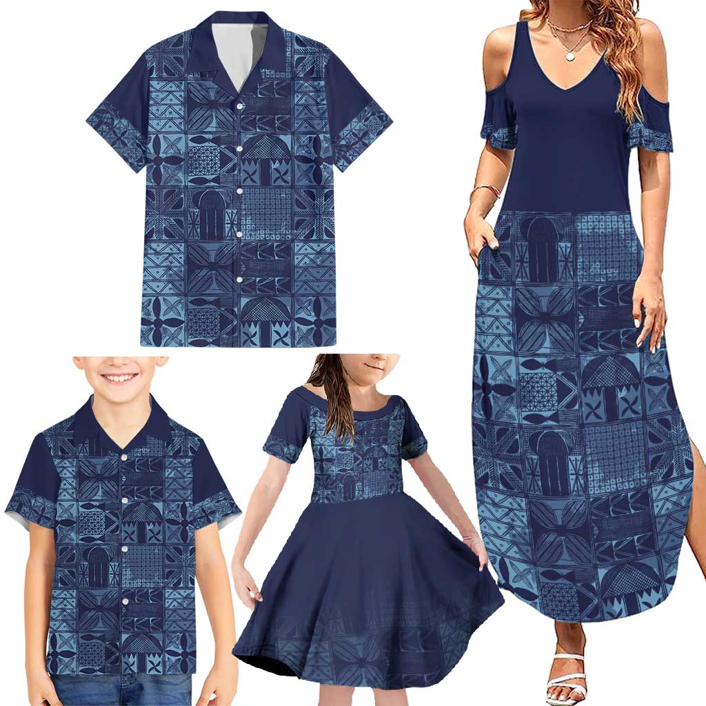 Yoruba Adire Eleko Patterns Family Matching Summer Maxi Dress and Hawaiian Shirt Indigo Vintage