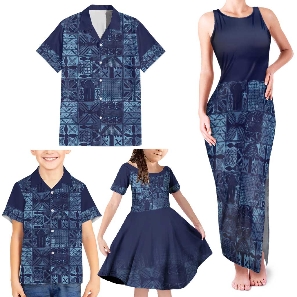 Yoruba Adire Eleko Patterns Family Matching Tank Maxi Dress and Hawaiian Shirt Indigo Vintage