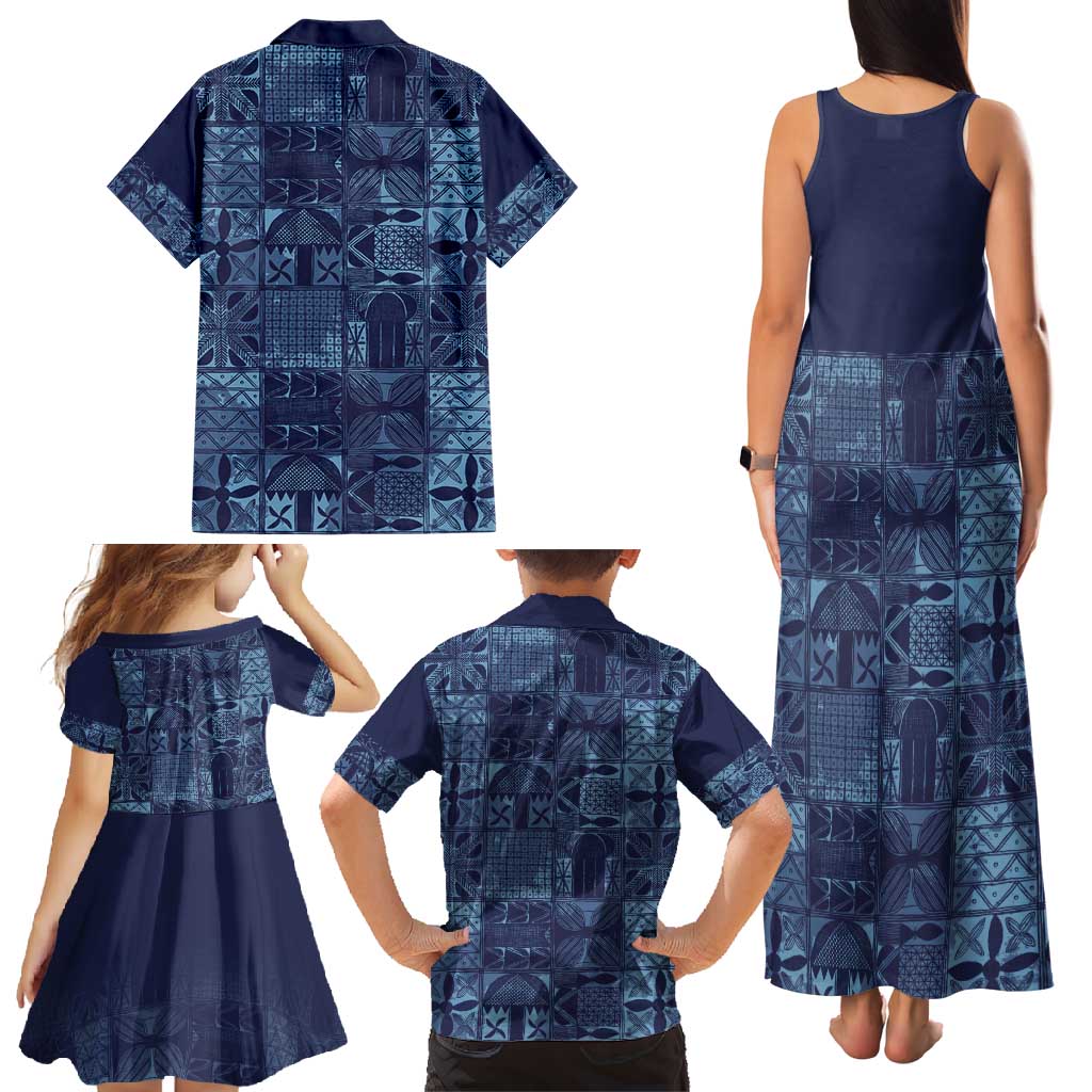 Yoruba Adire Eleko Patterns Family Matching Tank Maxi Dress and Hawaiian Shirt Indigo Vintage
