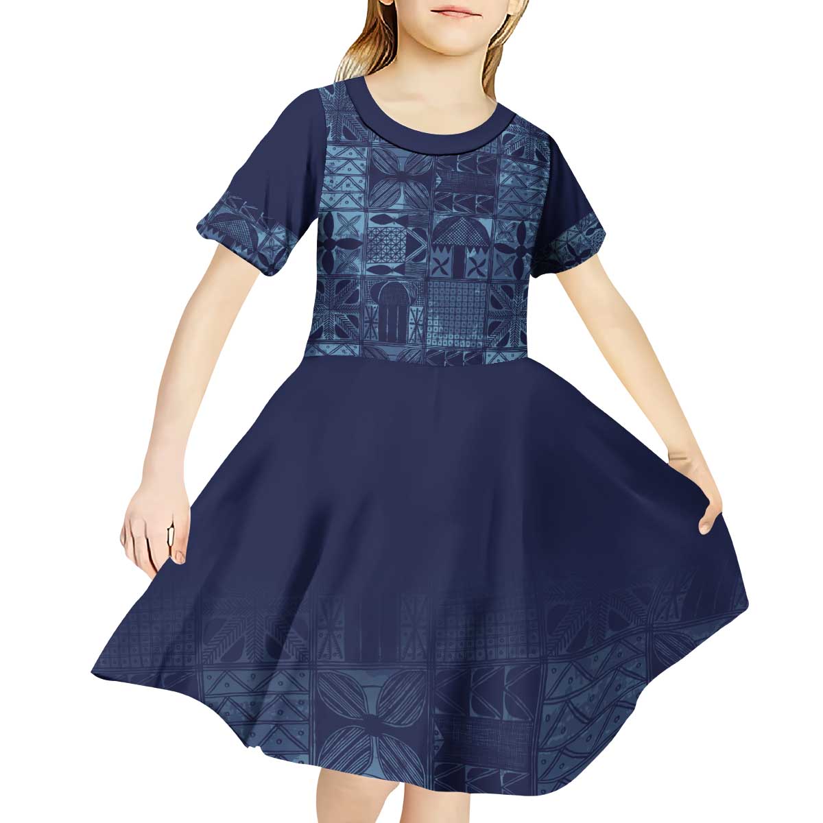 Yoruba Adire Eleko Patterns Kid Short Sleeve Dress Indigo Vintage