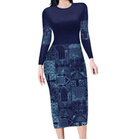 Yoruba Adire Eleko Patterns Long Sleeve Bodycon Dress Indigo Vintage