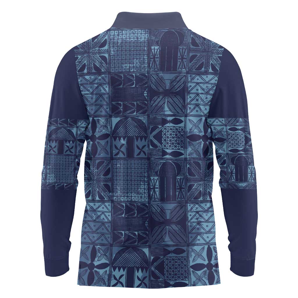 Yoruba Adire Eleko Patterns Long Sleeve Polo Shirt Indigo Vintage