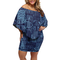 Yoruba Adire Eleko Patterns Off Shoulder Short Dress Indigo Vintage