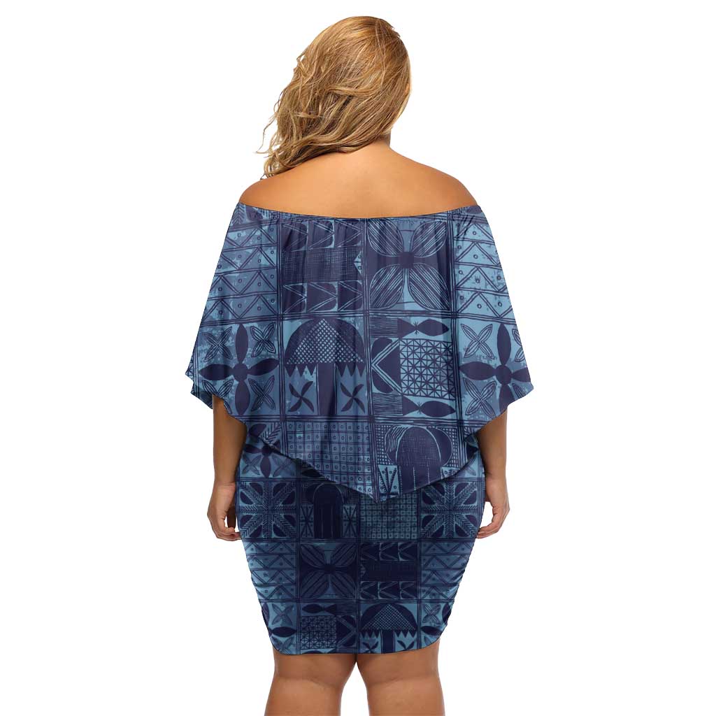 Yoruba Adire Eleko Patterns Off Shoulder Short Dress Indigo Vintage