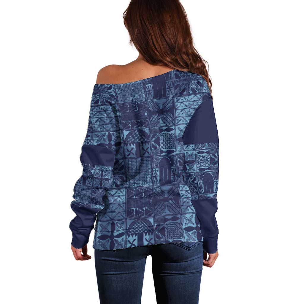 Yoruba Adire Eleko Patterns Off Shoulder Sweater Indigo Vintage