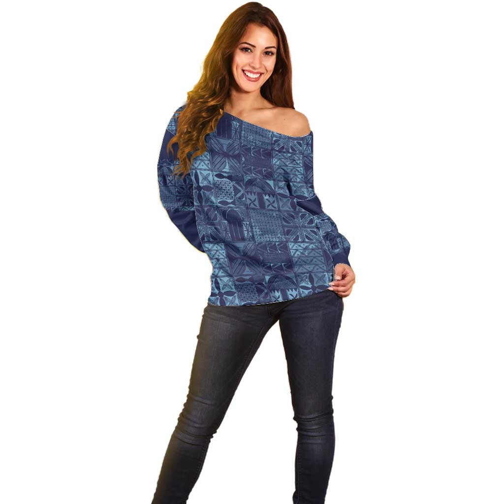 Yoruba Adire Eleko Patterns Off Shoulder Sweater Indigo Vintage