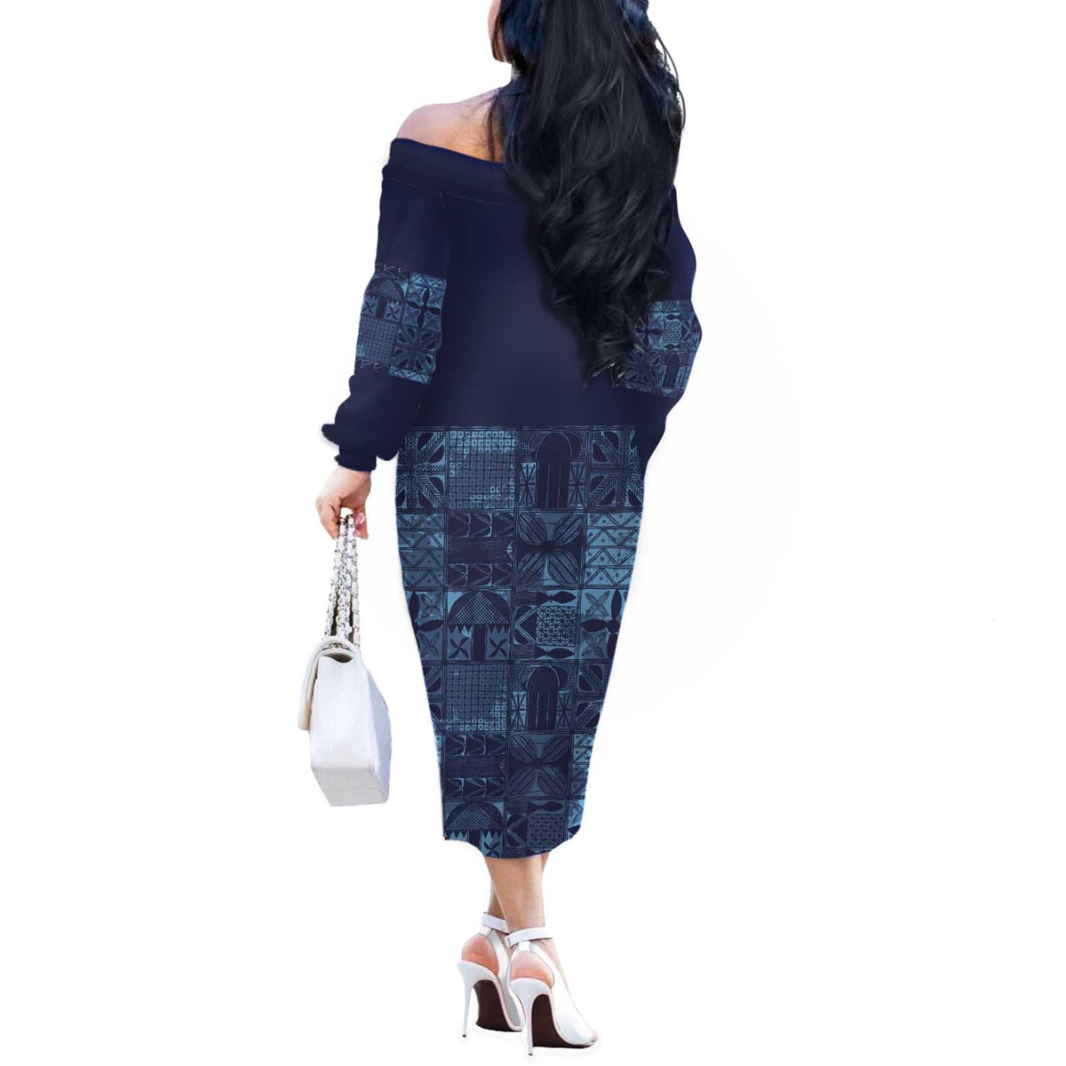Yoruba Adire Eleko Patterns Off The Shoulder Long Sleeve Dress Indigo Vintage