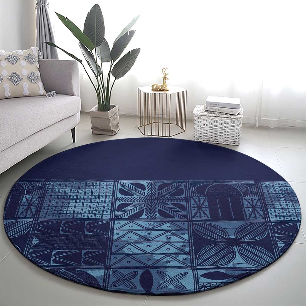 Yoruba Adire Eleko Patterns Round Carpet Indigo Vintage