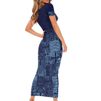 Yoruba Adire Eleko Patterns Short Sleeve Bodycon Dress Indigo Vintage