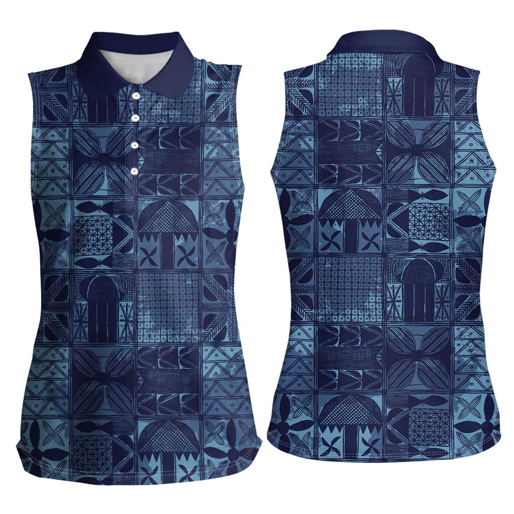 Yoruba Adire Eleko Patterns Women Sleeveless Polo Shirt Indigo Vintage