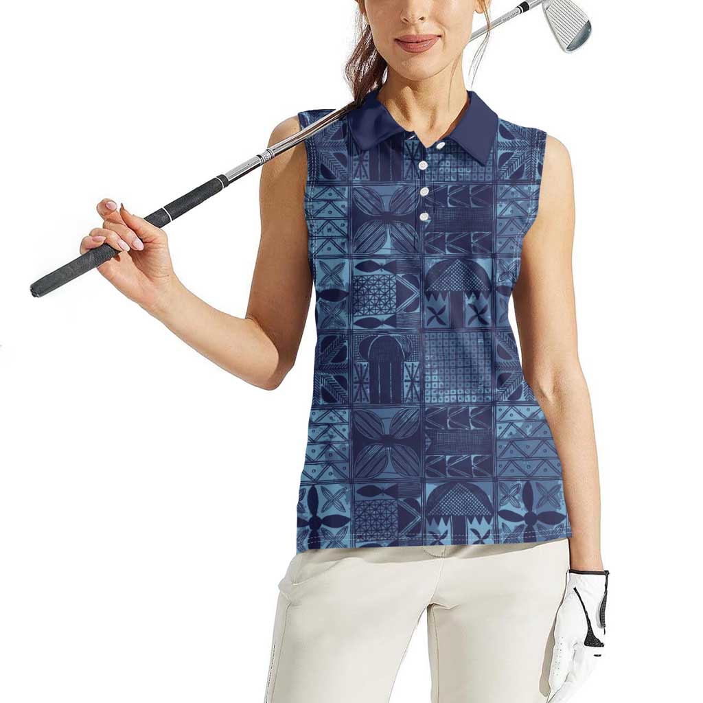 Yoruba Adire Eleko Patterns Women Sleeveless Polo Shirt Indigo Vintage