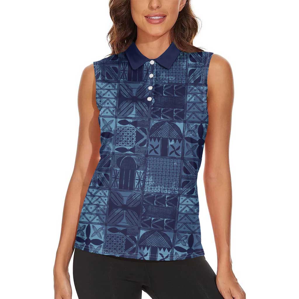 Yoruba Adire Eleko Patterns Women Sleeveless Polo Shirt Indigo Vintage