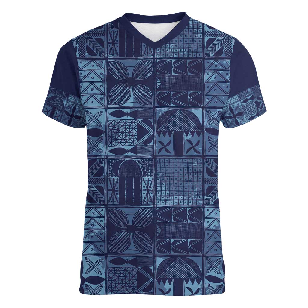 Yoruba Adire Eleko Patterns Women V-Neck T-Shirt Indigo Vintage