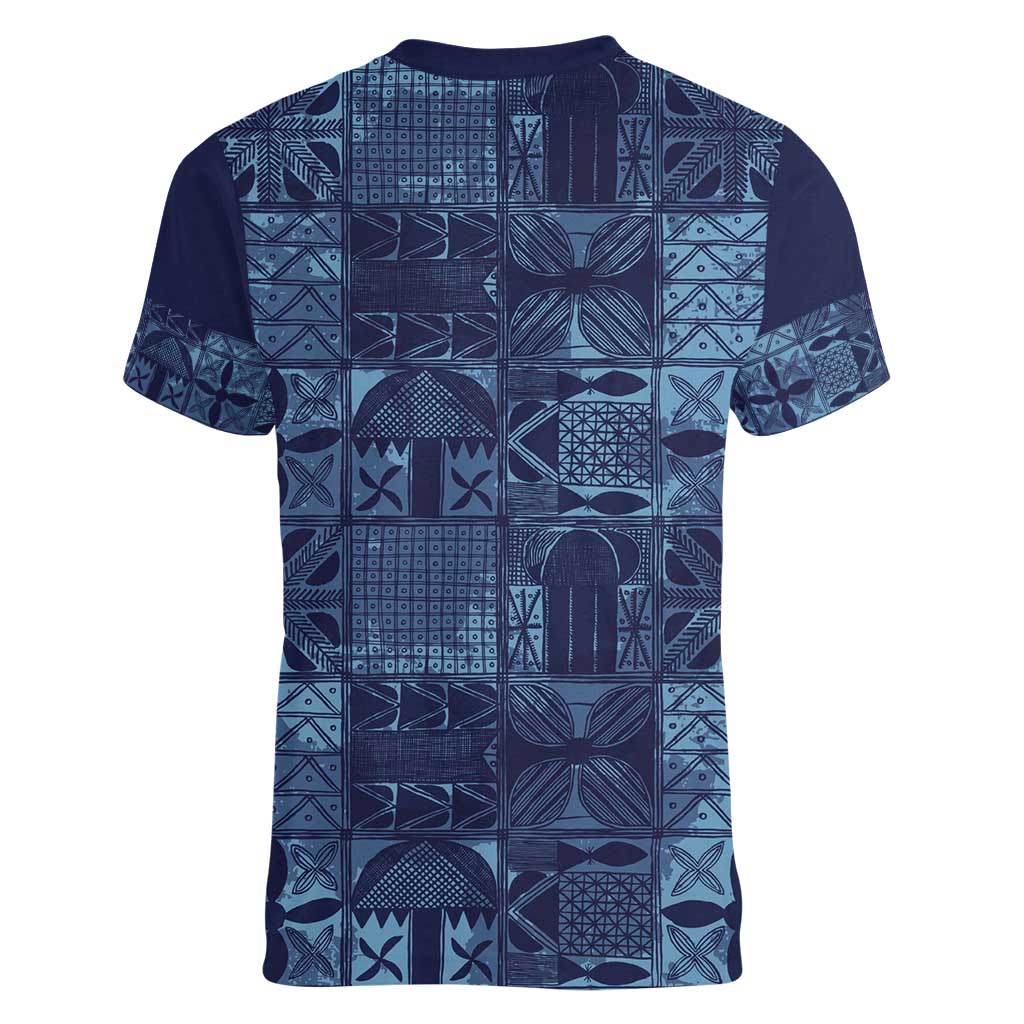 Yoruba Adire Eleko Patterns Women V-Neck T-Shirt Indigo Vintage