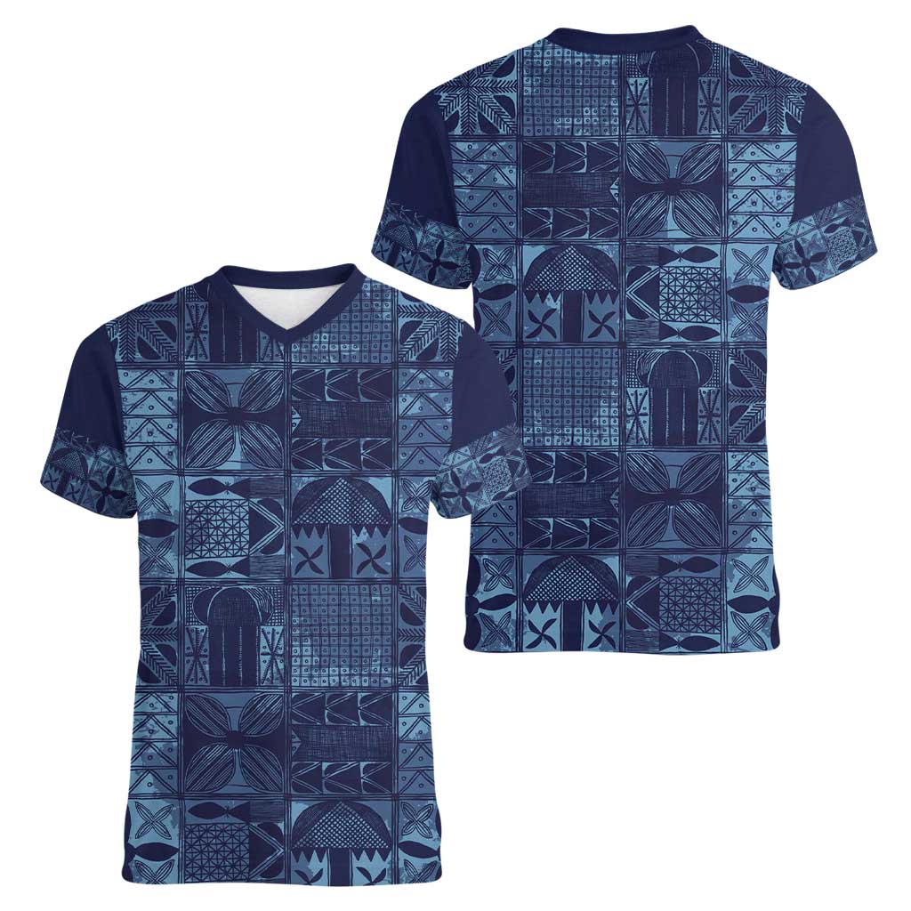 Yoruba Adire Eleko Patterns Women V-Neck T-Shirt Indigo Vintage