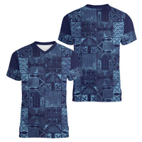 Yoruba Adire Eleko Patterns Women V-Neck T-Shirt Indigo Vintage