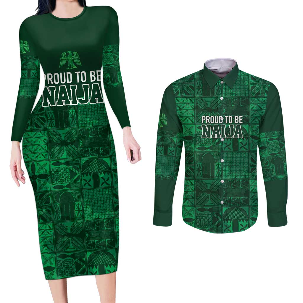 Nigeria Yoruba Adire Patterns Couples Matching Long Sleeve Bodycon Dress and Long Sleeve Button Shirt Proud To Be Naija