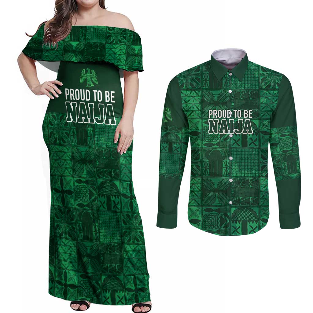 Nigeria Yoruba Adire Patterns Couples Matching Off Shoulder Maxi Dress and Long Sleeve Button Shirt Proud To Be Naija